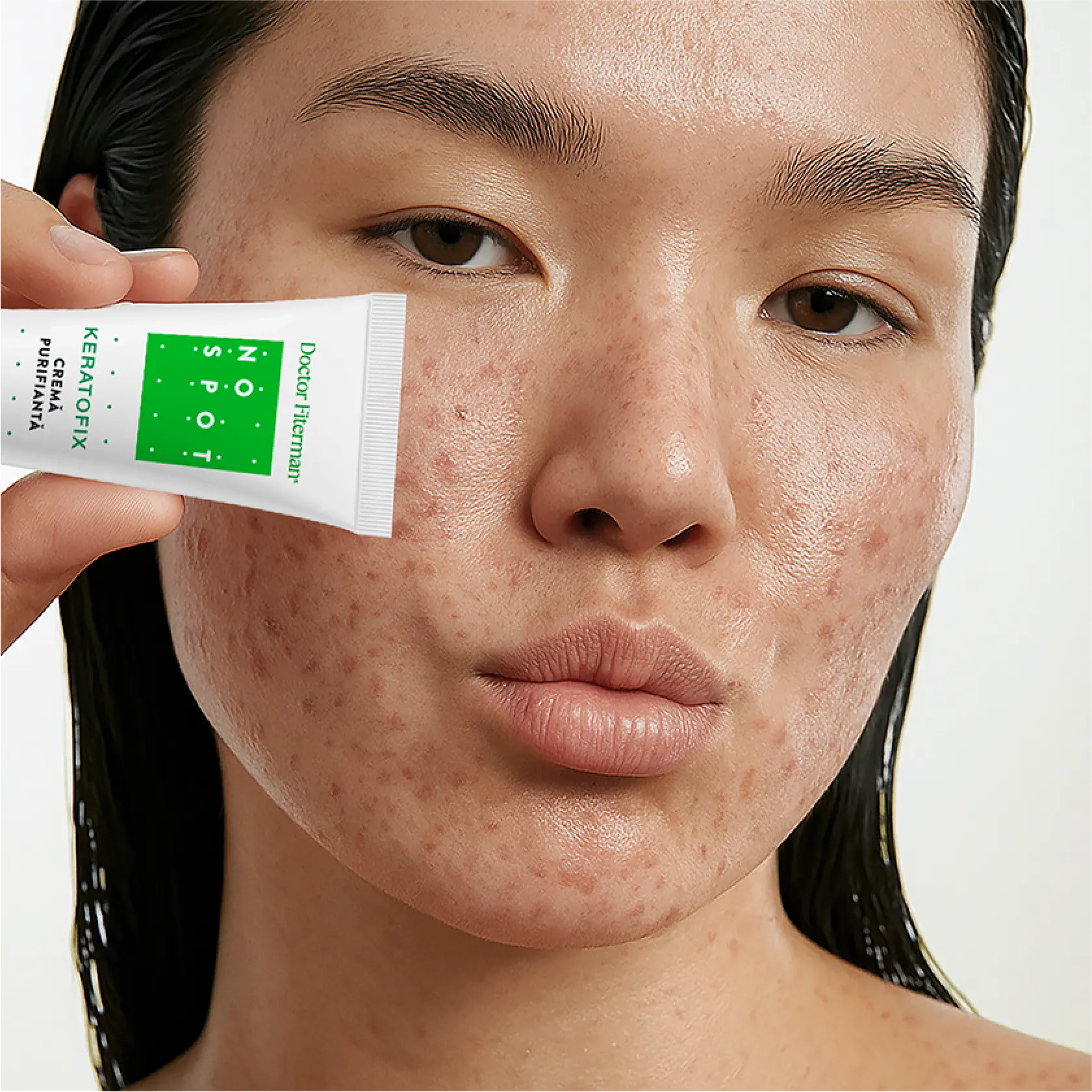 Woman holding Nospot tube near her face